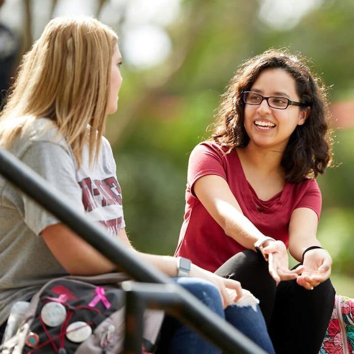 Two students talking on lawn